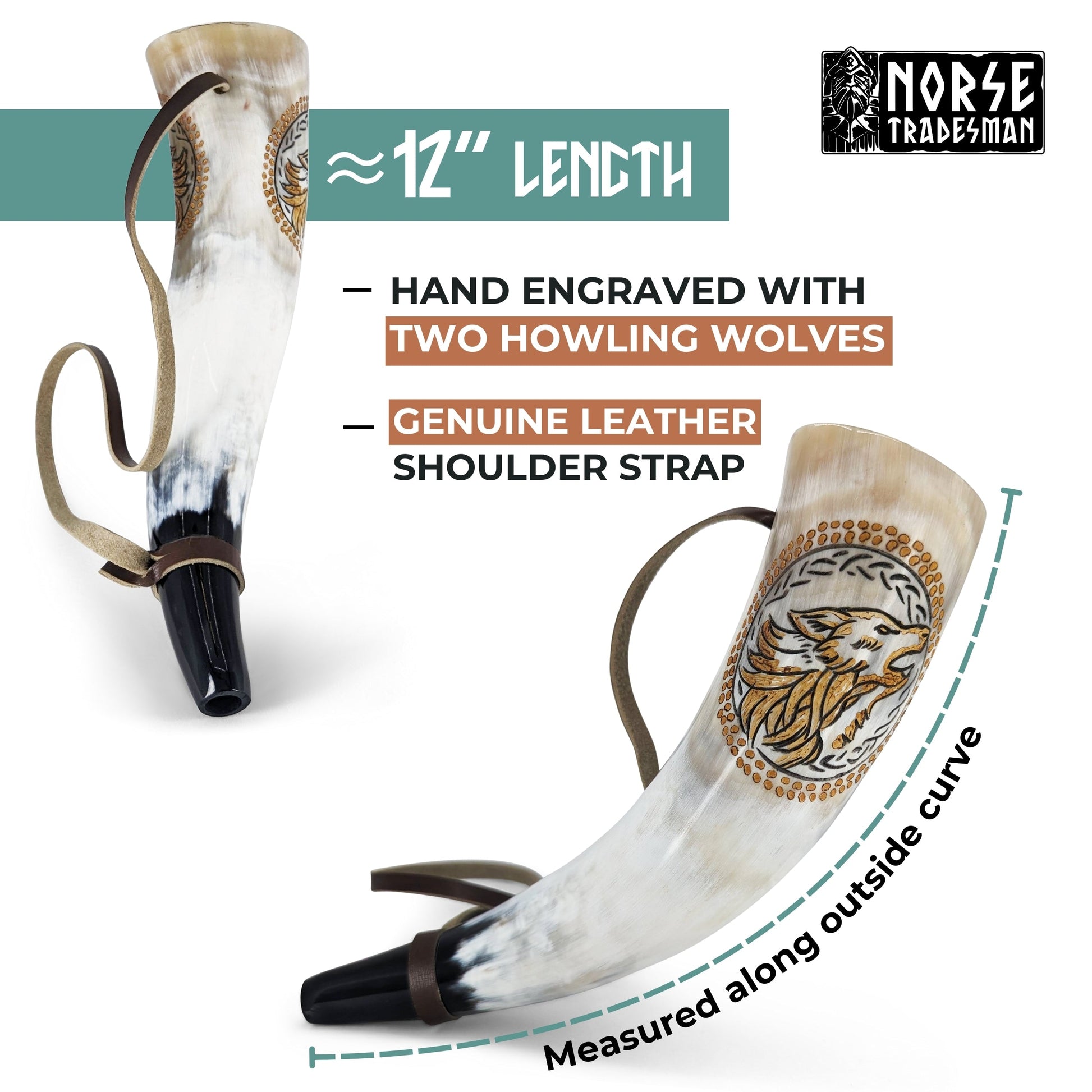 Decorative horn with engraved wolves and leather strap, branded 'Norse Tradesman'.
