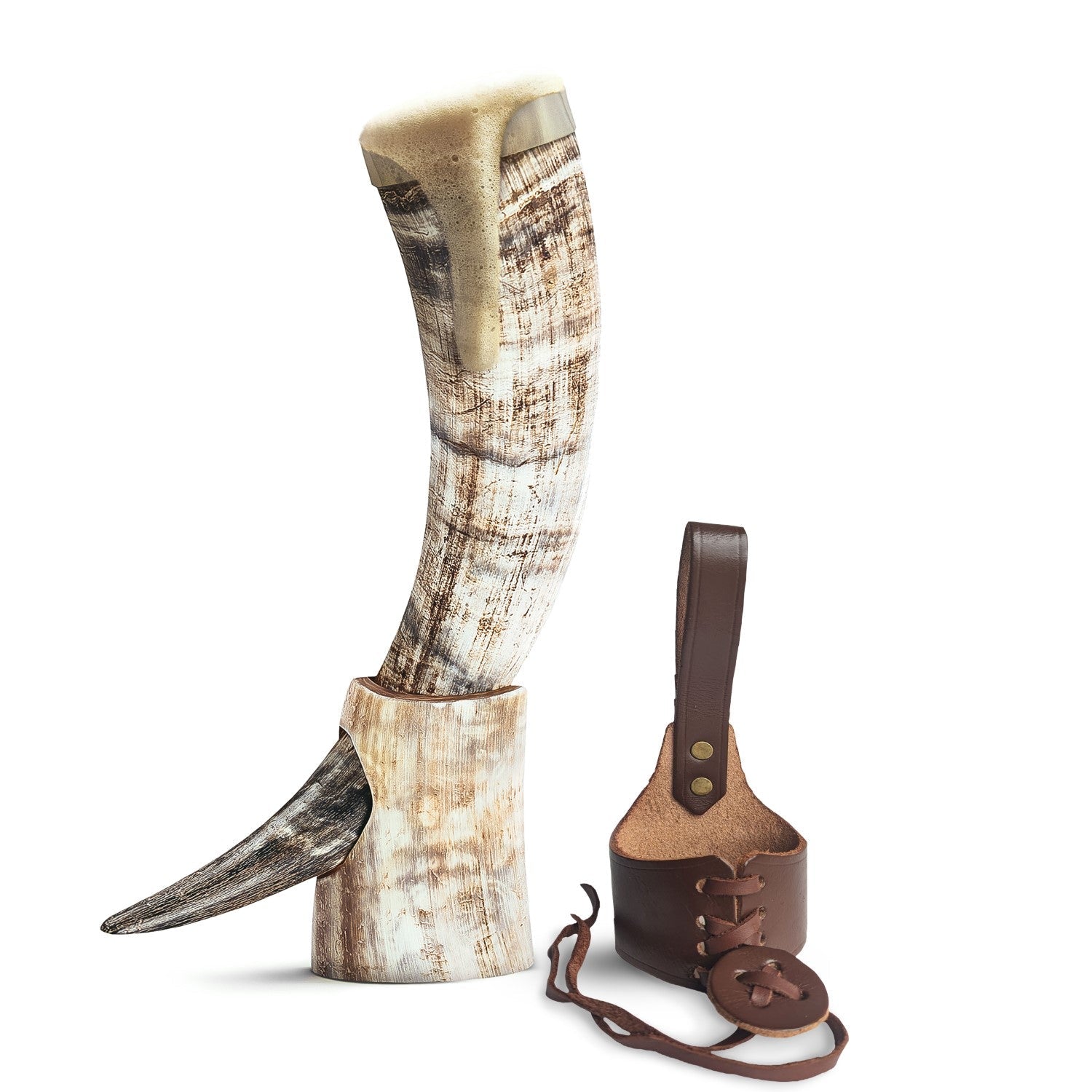 Horned boot with leather strap on a white background