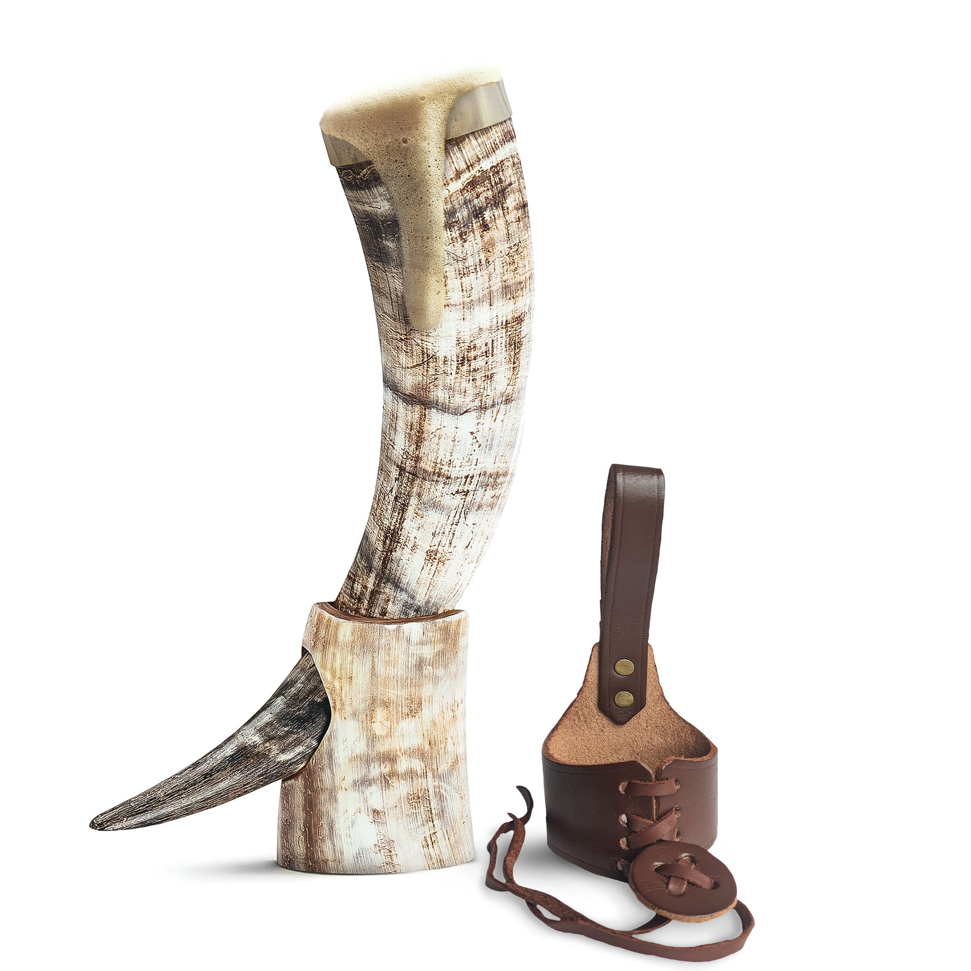 Horned boot with leather strap on a white background