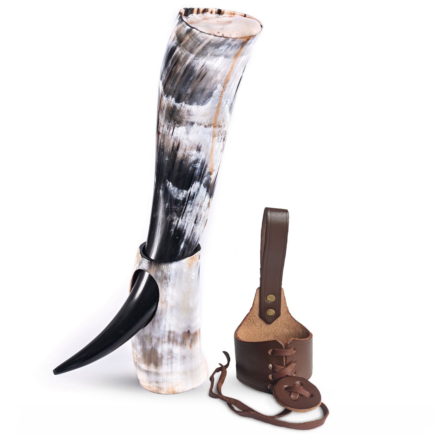 Large animal horn with a leather holder on a white background