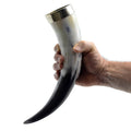 Hand holding a large horn-shaped cup with a metallic interior on a white background