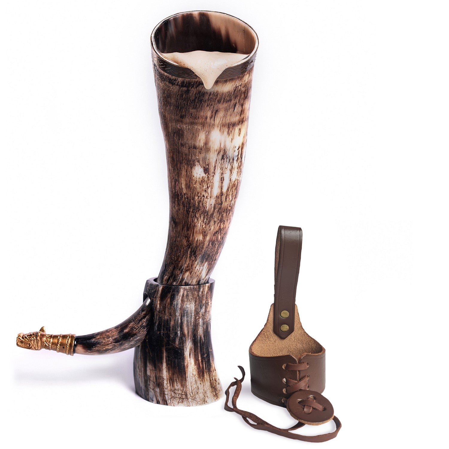 Large horn with leather holder on a white background