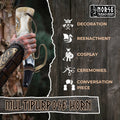 Multipurpose horn held by a hand with tattoos, on a wooden background with Norse Tradesman branding and product uses listed.
