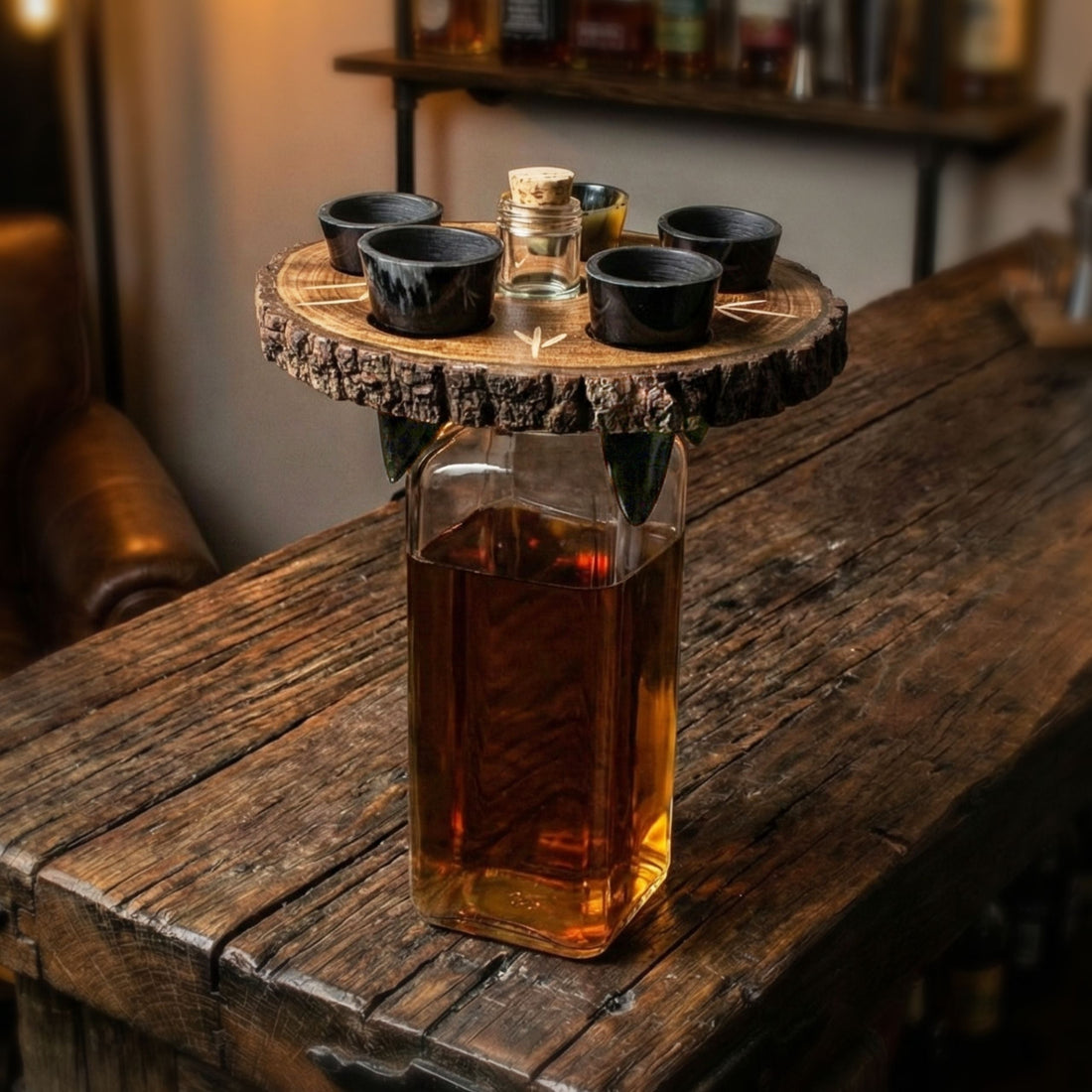 Wooden barrel with a bottle of amber liquid on a rustic wooden surface.