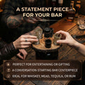 Two people holding shot glasses over a wooden bar tray with text about the product's use and features.