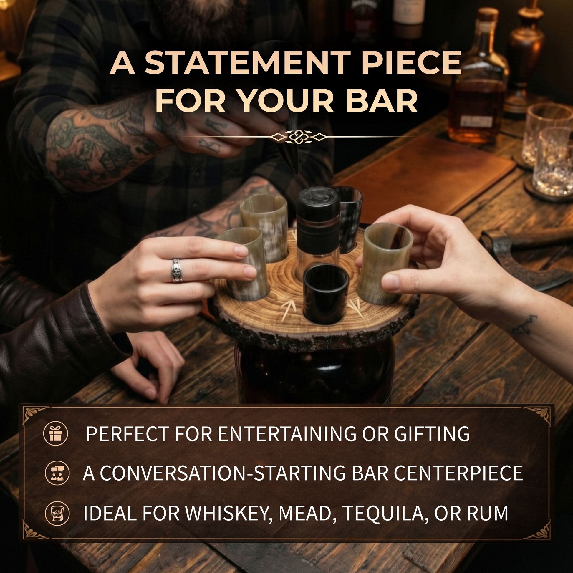 Two people holding shot glasses over a wooden bar tray with text about the product's use and features.