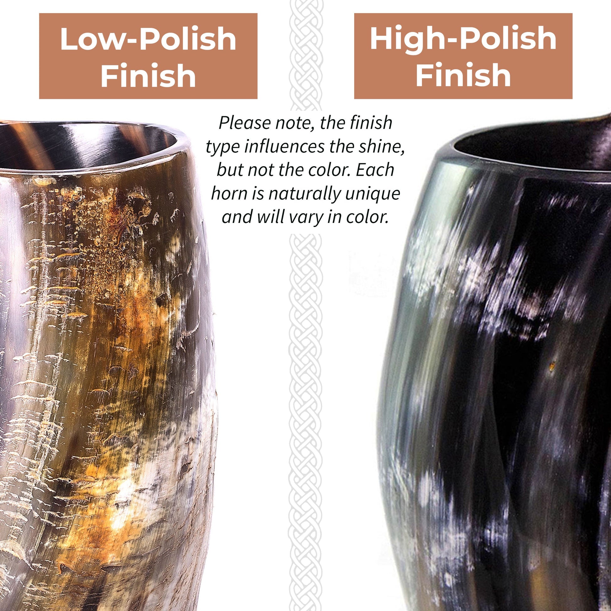 Two horn-shaped cups with low-polish and high-polish finishes on a white background.