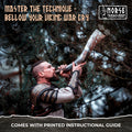 Person in Viking attire blowing a horn with text about mastering a technique and a printed instructional guide.