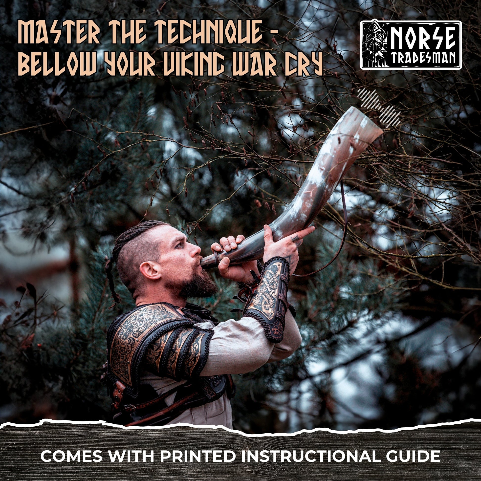 Person in Viking attire blowing a horn with text about mastering a technique and a printed instructional guide.