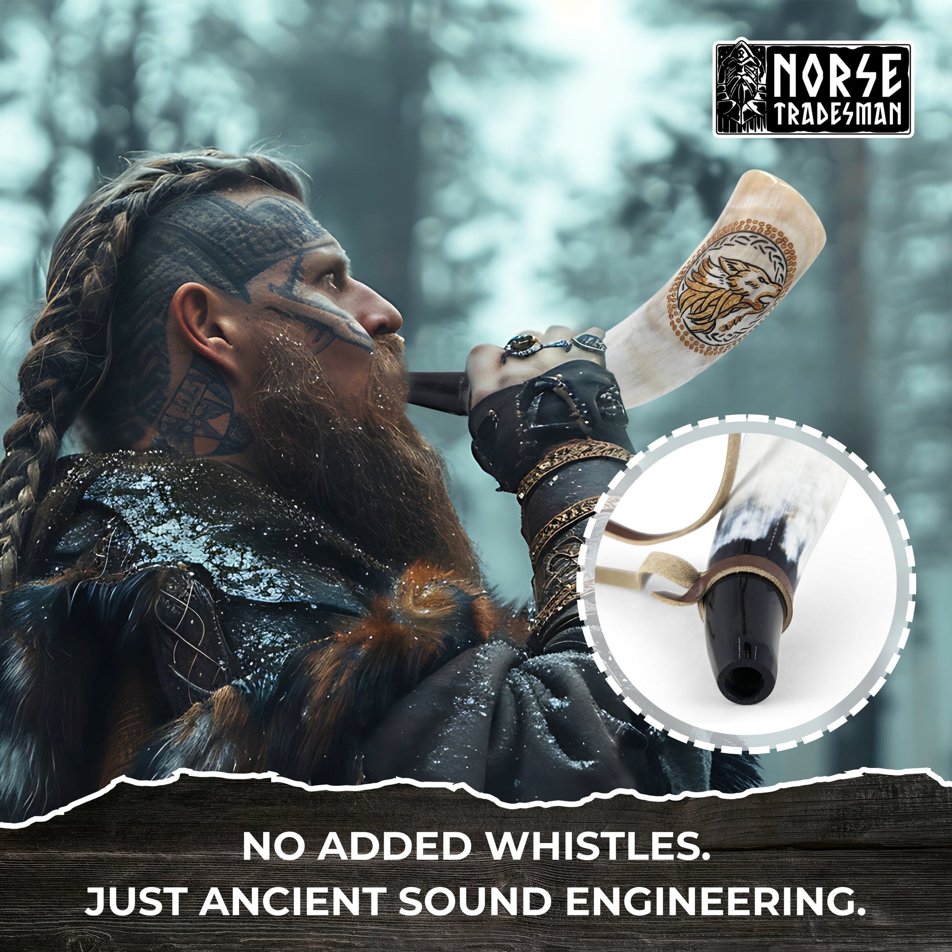 Viking holding a decorated axe with 'Norse Tradesman' branding, set against a forest background.