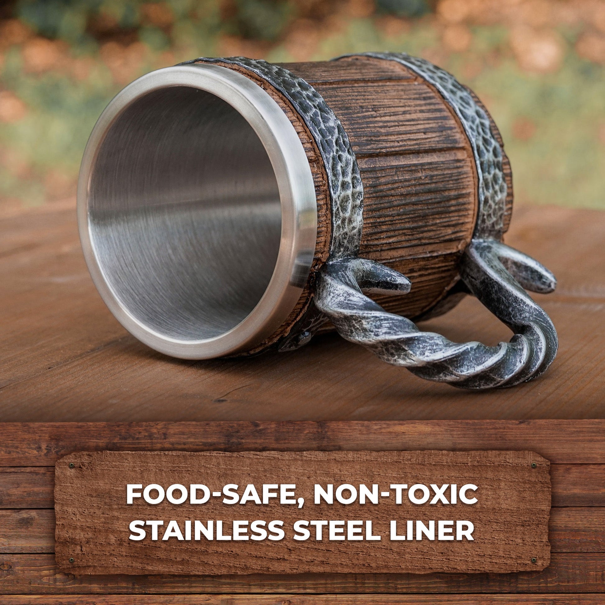 Wooden cup with metal liner on a wooden surface, featuring text about food-safe material.