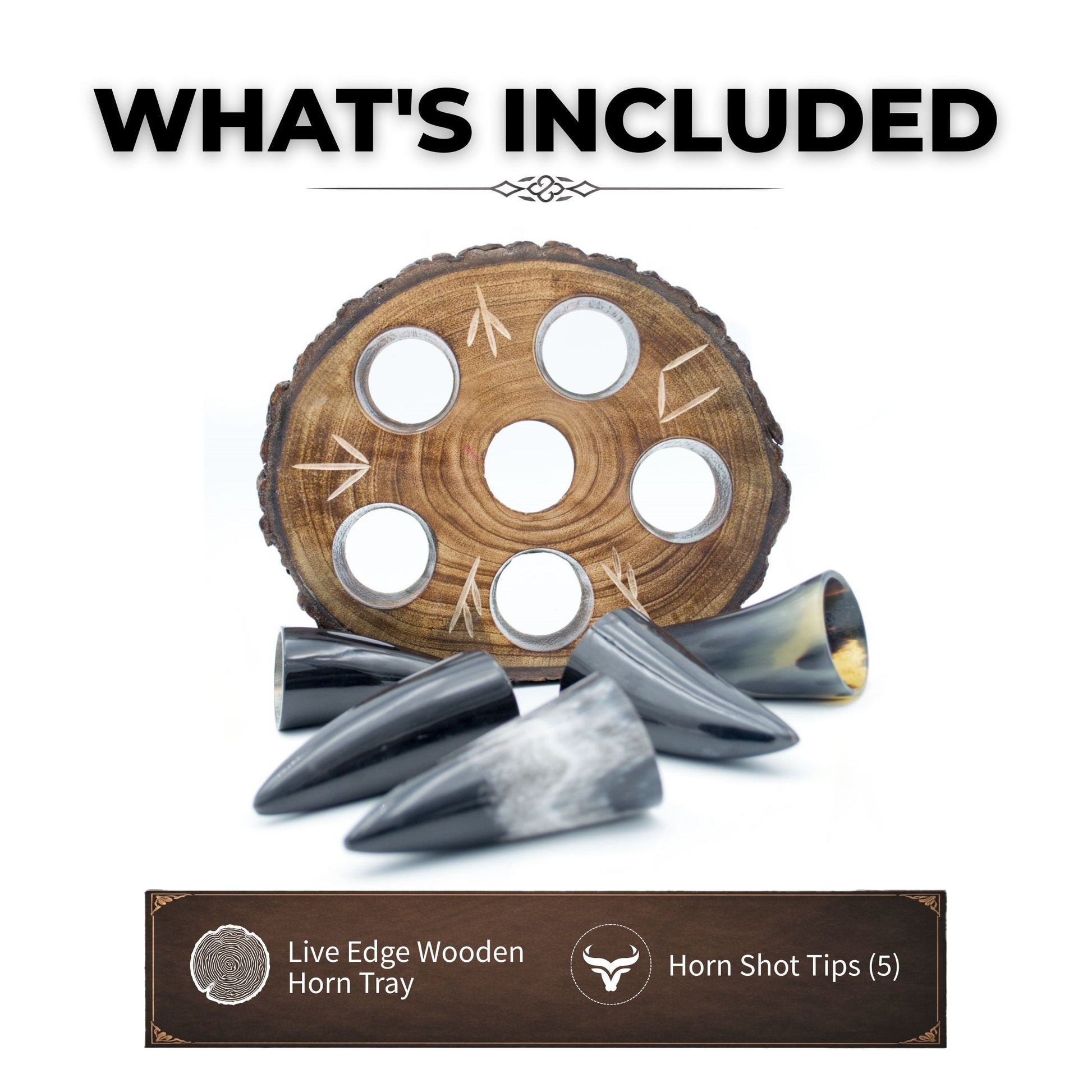 Live edge wooden horn tray with five horn shot tips on a white background