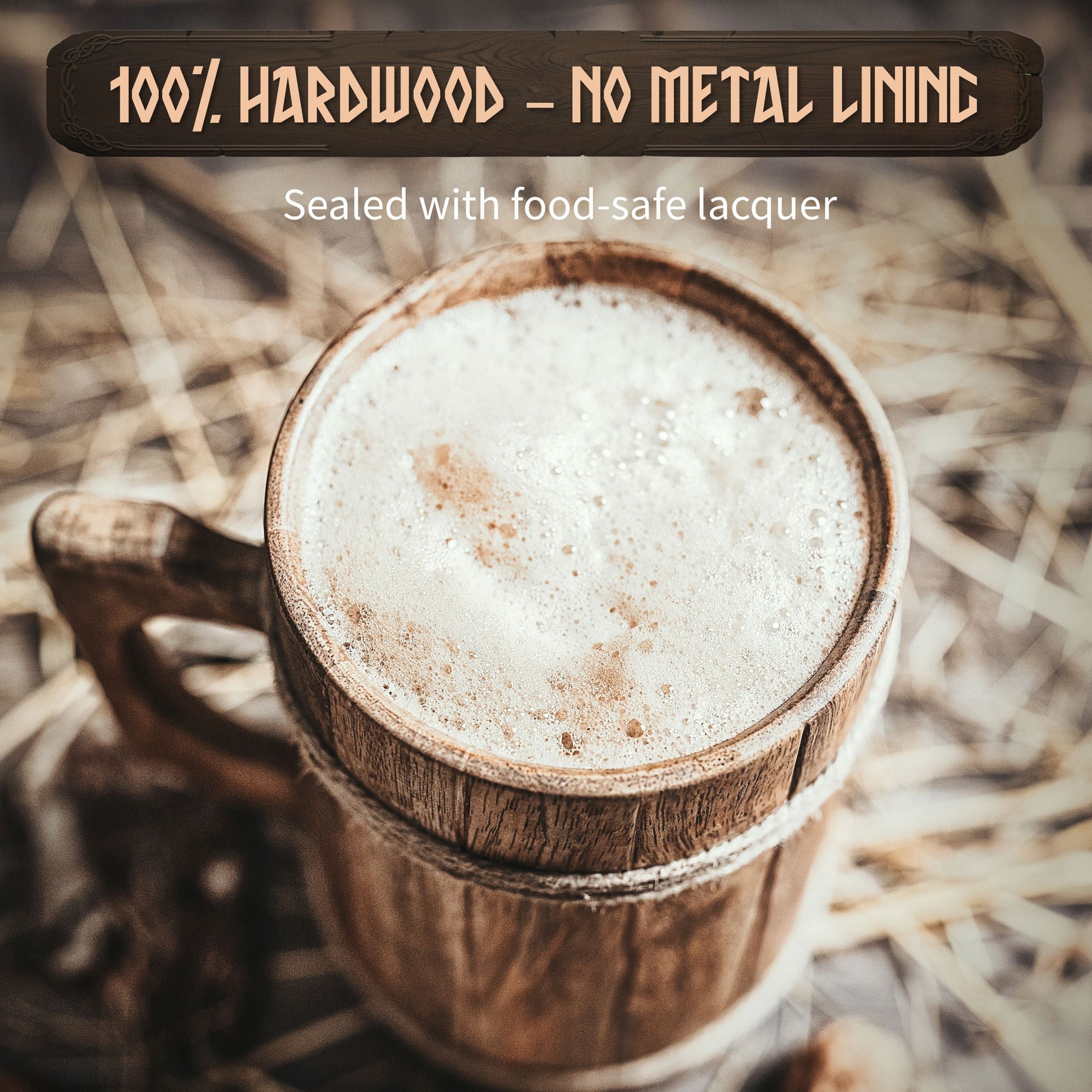 Wooden mug with a beverage, text about hardwood construction and food-safe lacquer.