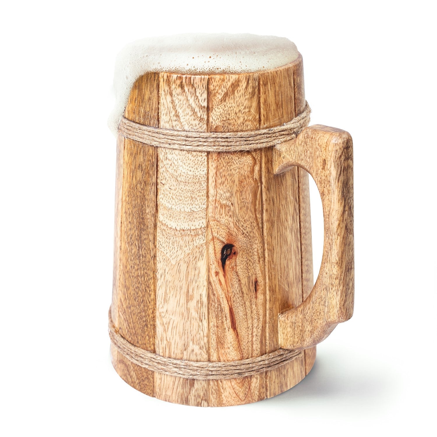 Wooden mug with a handle, tied with twine on a white background