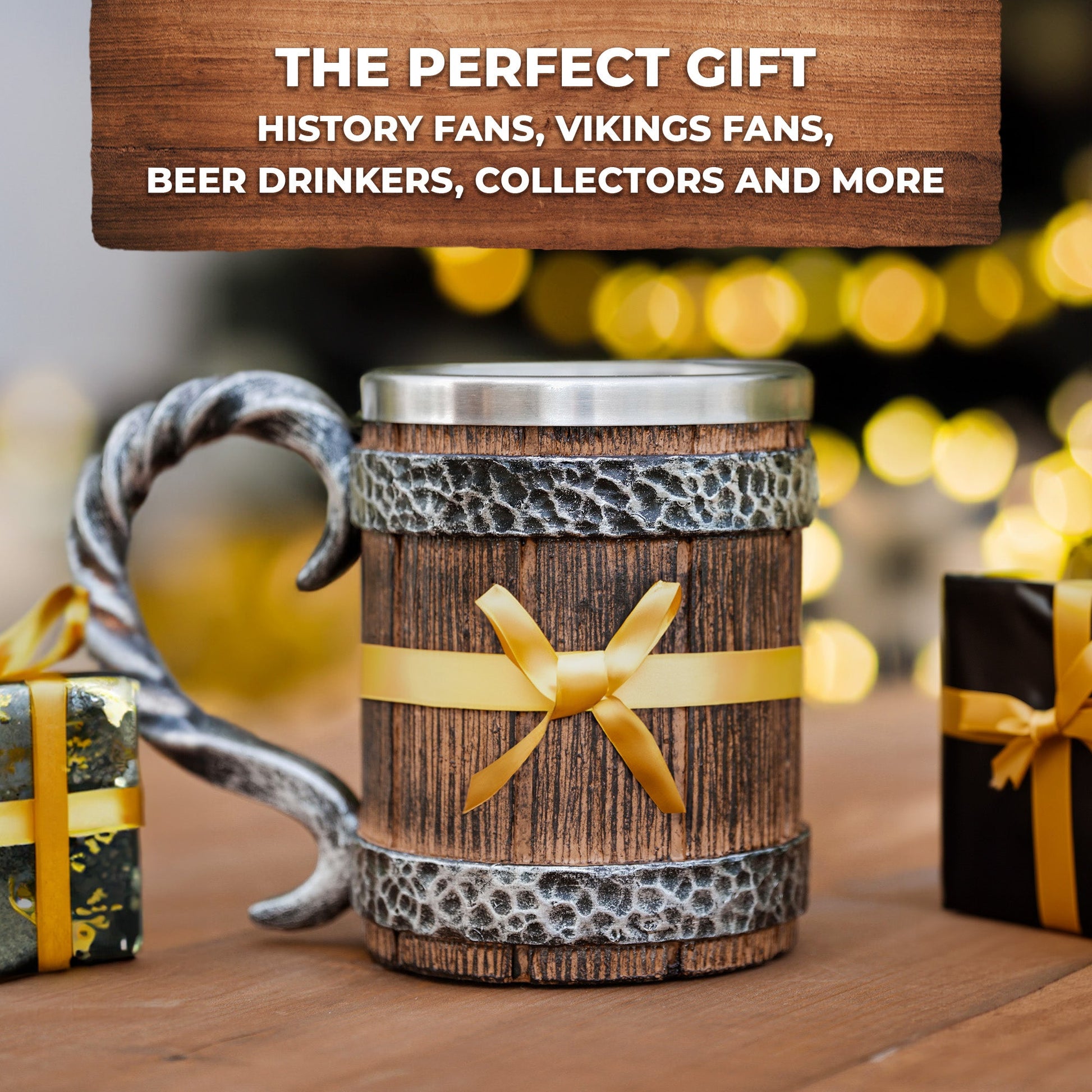 Wooden mug with decorative ribbon on a wooden surface with gift boxes and blurred lights in the background.