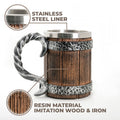 Wooden mug with metal handle and liner, featuring text on material types.