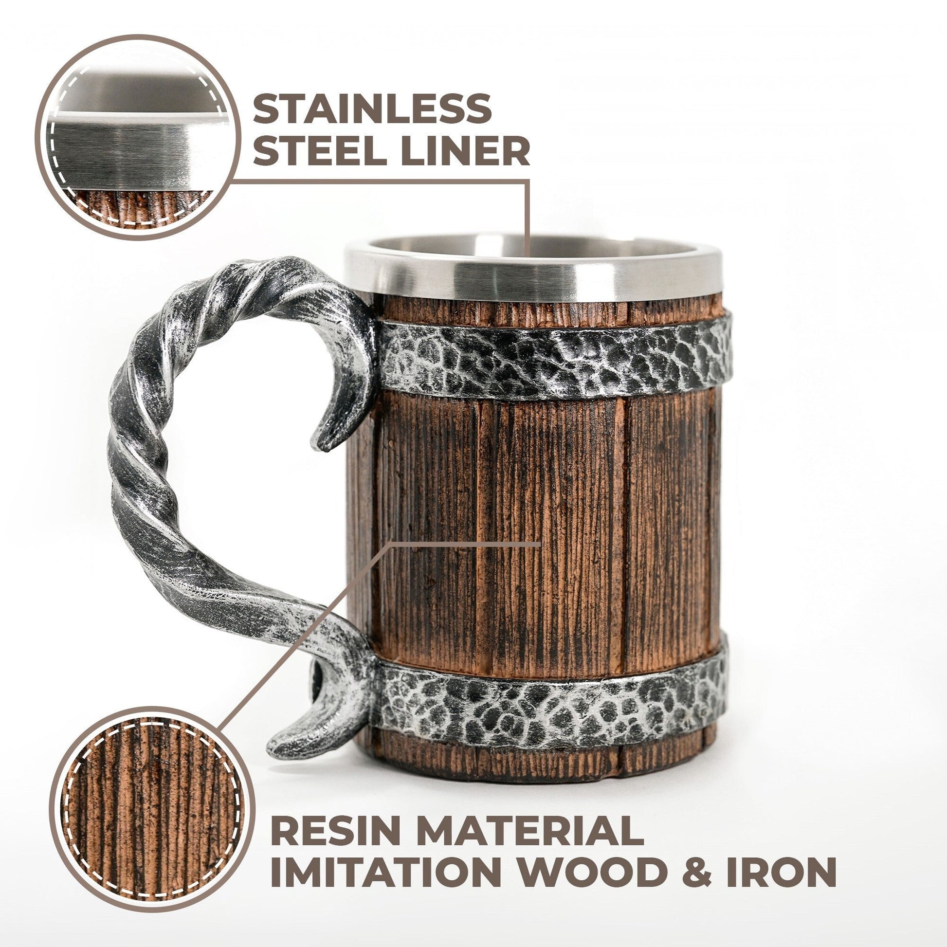 Wooden mug with metal handle and liner, featuring text on material types.