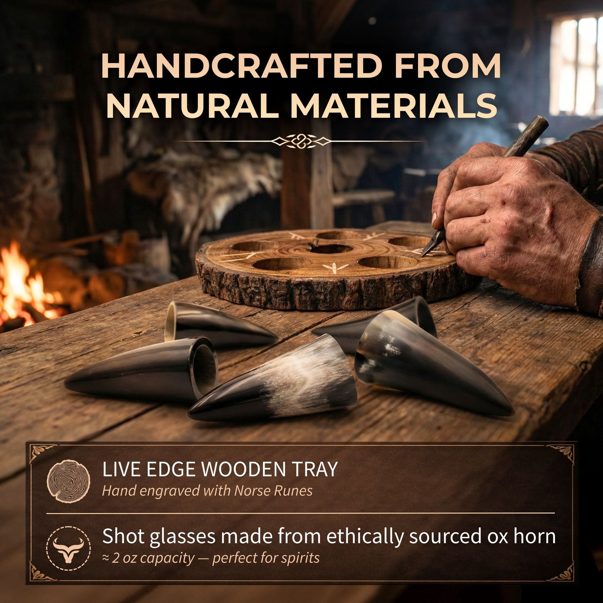 Handcrafted wooden tray with engraved Norse Runes and shot glasses made from ethically sourced ox horn on a rustic background.